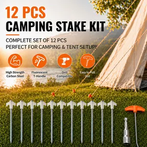 10-Pack Camping Wind-Resistant Tent Pegs, 20cm Hexagonal Steel, Glow-In-Dark, 360° Rotating Plastic Head, Outdoor Use