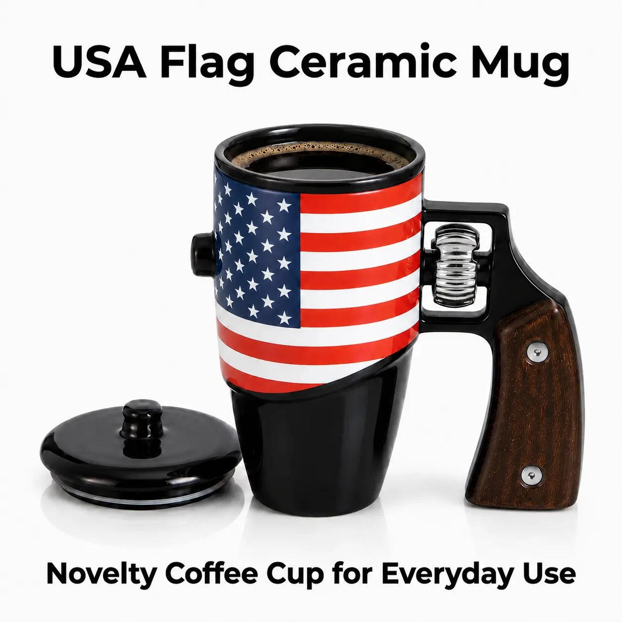 Patriotic American Flag Ceramic Coffee Mug with Lid, Sculpted Grip Handle Cup, Birthday Gift Ideas for Husbands, Unique Gifts for Men, Brothers - Workshop Use