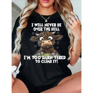 Women's Funny Cartoon Cow Graphic T-Shirt - "I Will Never Be Over the Hill" Humorous Print, Vibrant Yellow, Soft Polyester Blend, Relaxed Fit Round Neck Short Sleeve Tee for All-Season Casual & Vacation Wear