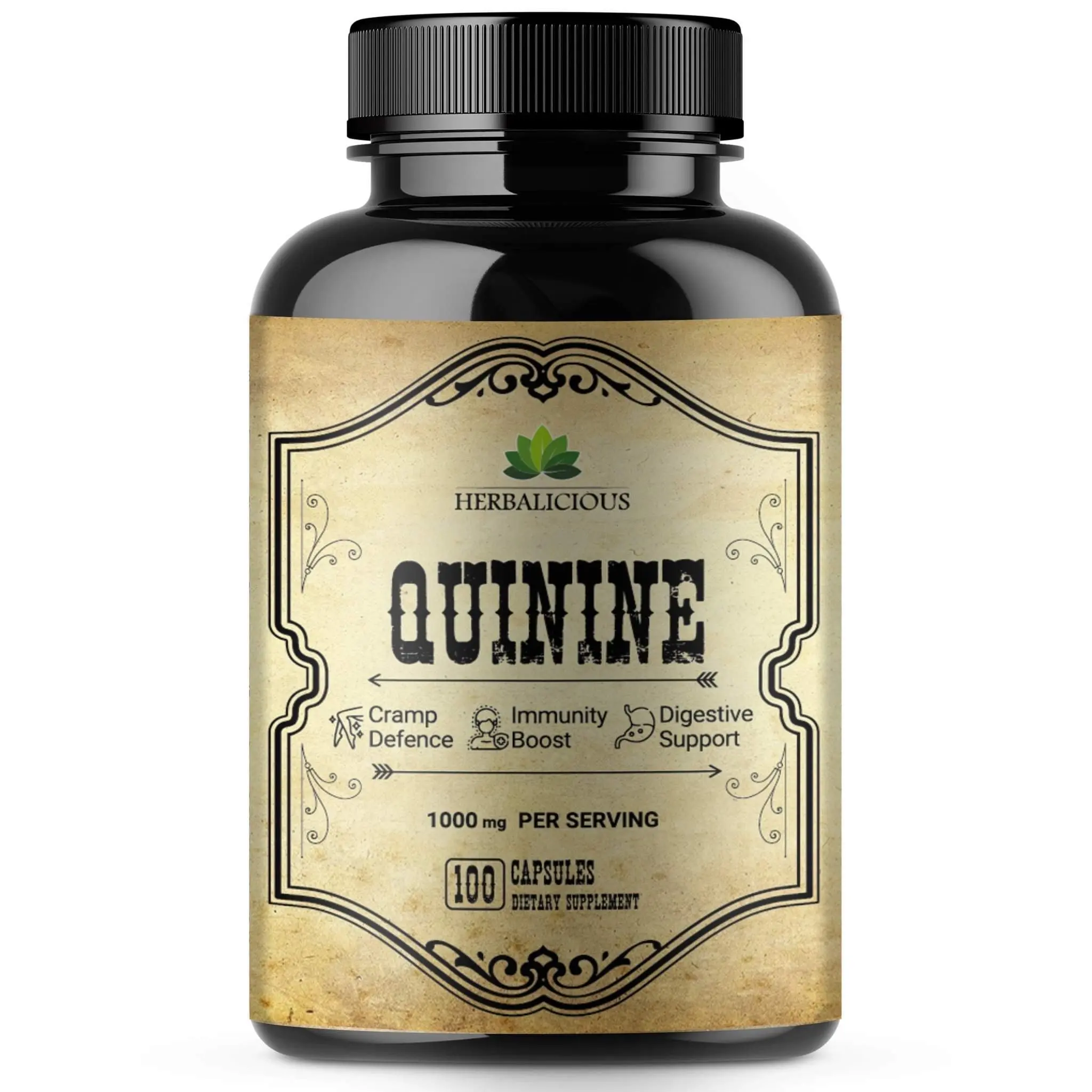 Quinine 100 Capsules - Cinchona Officinalis Bark Herbal Supplement for Muscle, Cramp Defense and Overall Digestive Health
