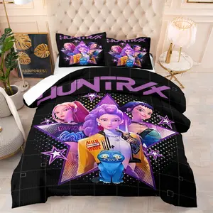 K-Pop Demon Hunter Printed Comforter Set, Soft Bedding Set, Includes Filled Blanket and Pillowcase, Trendy Girl Group Match Purple Fluorescence, Comfortable Fabric, Bedroom Decoration, Gift for Fans