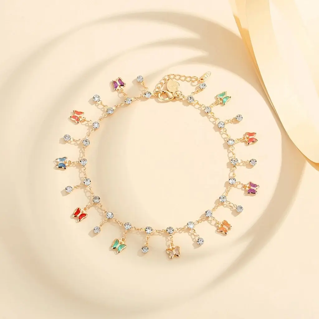 Colorful Butterfly Charm Anklet for Women | CZ Dangle Anklet | Adjustable Gold Anklet