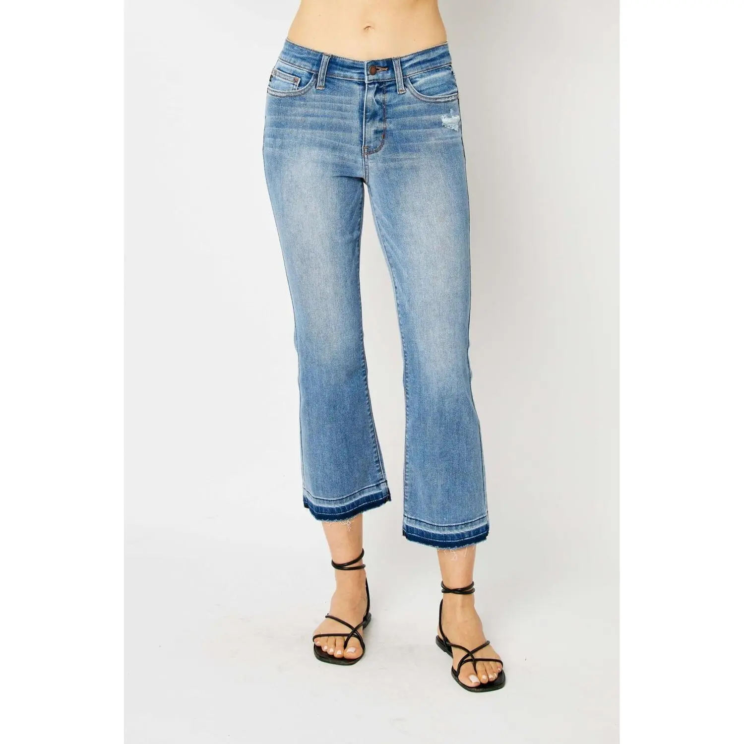 Judy Blue Mid Rise Release Hem Cropped Bootcut Denim Jeans 82589 Bottom Pants, Spandex, Cotton, Vibe, Everyday, Casual, Stretch Jeans, Cropped Flare Jeans