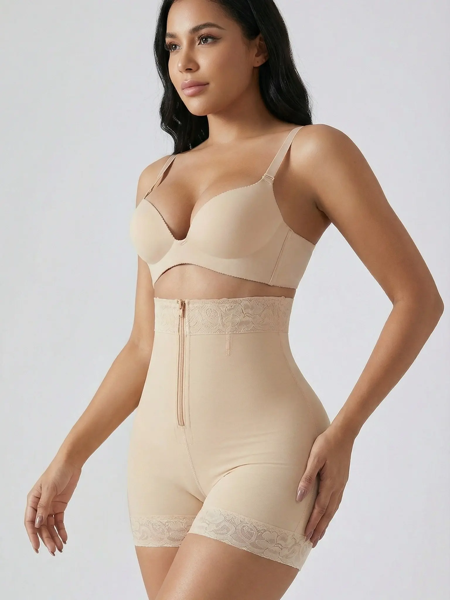 Women’s High Waist Compression Shorts Shapewear - Smooth, Comfortable, Minimalist, Basic, Tummy Control, Front Zipper Waist Trainer, No Roll Lace Hem, Solid Color Colombian Body Shaper Panty WDT136-3, for Everyday Formal Wear
