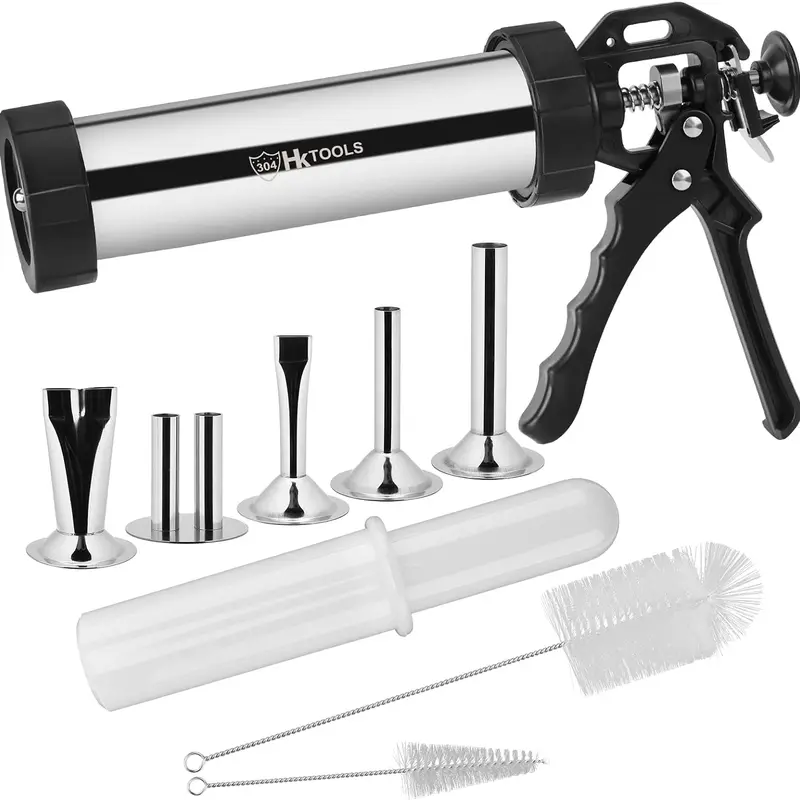 Manual Jerky Gun 1* Stomper 2-Pound Stainless Steel Sausage Stuffer Kit with 5 Stainless Nozzles, 2 Cleaning Brushes, Easy-Clean Kitchen Meat Utensil for Friends, Outdoor BBQ Parties, All Ages