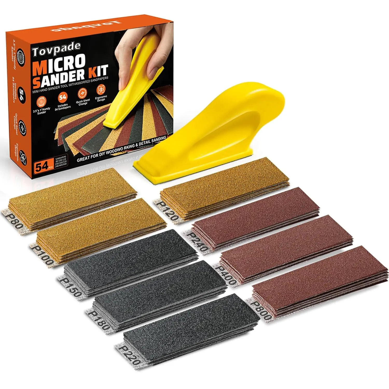 80–800 Grit Sandpaper Kit, Detail & Mini Sander Block – Precision Small Hand Sanding Tool, 54PCS Premium Micro Sander, Furniture, 3-in-1 Set for Wood, Crafts, Tight Spaces & DIY Projects