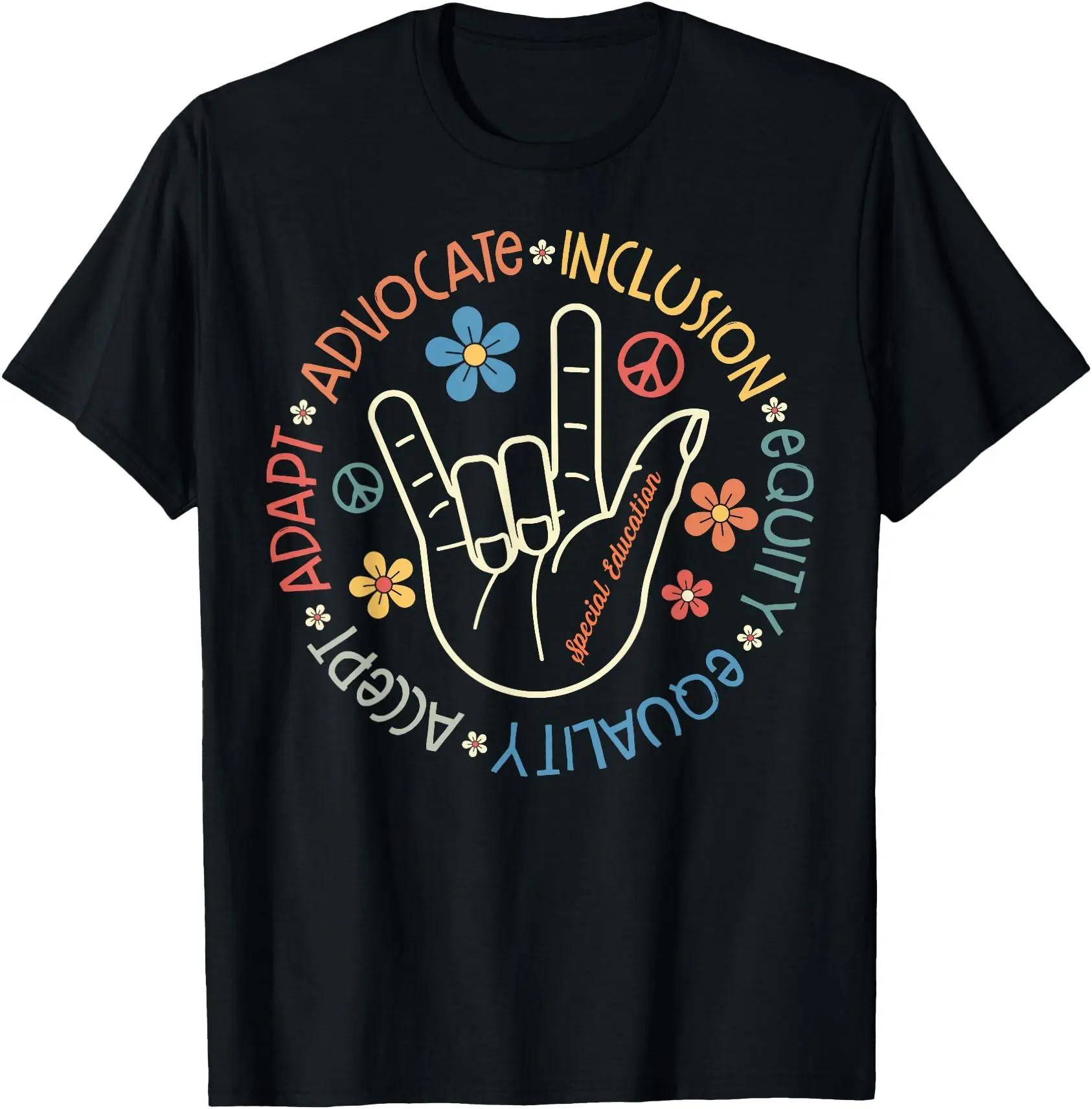 Special Education Teacher Adapt Advocate Inclusion Equality Graphic T‑Shirt, Casual Short‑Sleeve Top, Retro Floral Hand Sign SPED Autism Awareness Tee for Educator Back to School Gift