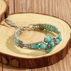 Fashion accessory Turquoise Beaded Double Row Antique Geometric Carved Feather Boho Retro Holiday Style Bracelet All Fit Mosaic Material