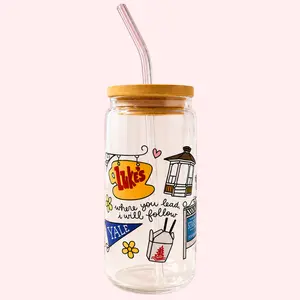 Stars Hollow 16oz Glass Tumbler Gilmore Girls Inspired With Bamboo Lid & Straw Drinkware Iced Coffee Cup