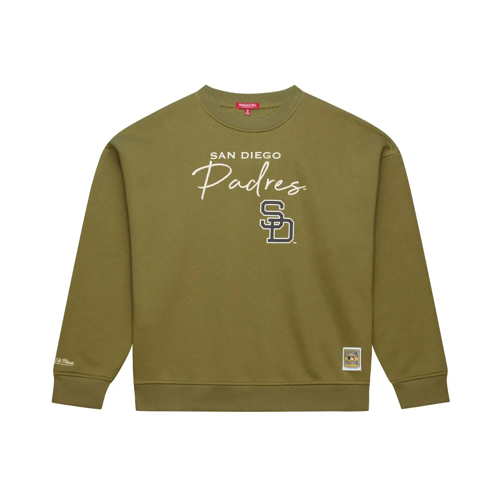 Women's San Diego Padres Olive Midweight Crewneck Sweatshirt MLB Throwback Vintage Fan Gear Mitchell & Ness