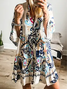 White Printed Tribal Bracelet Sleeve Buttoned Mini Dress, Perfect for casual outings or dressier occasions.