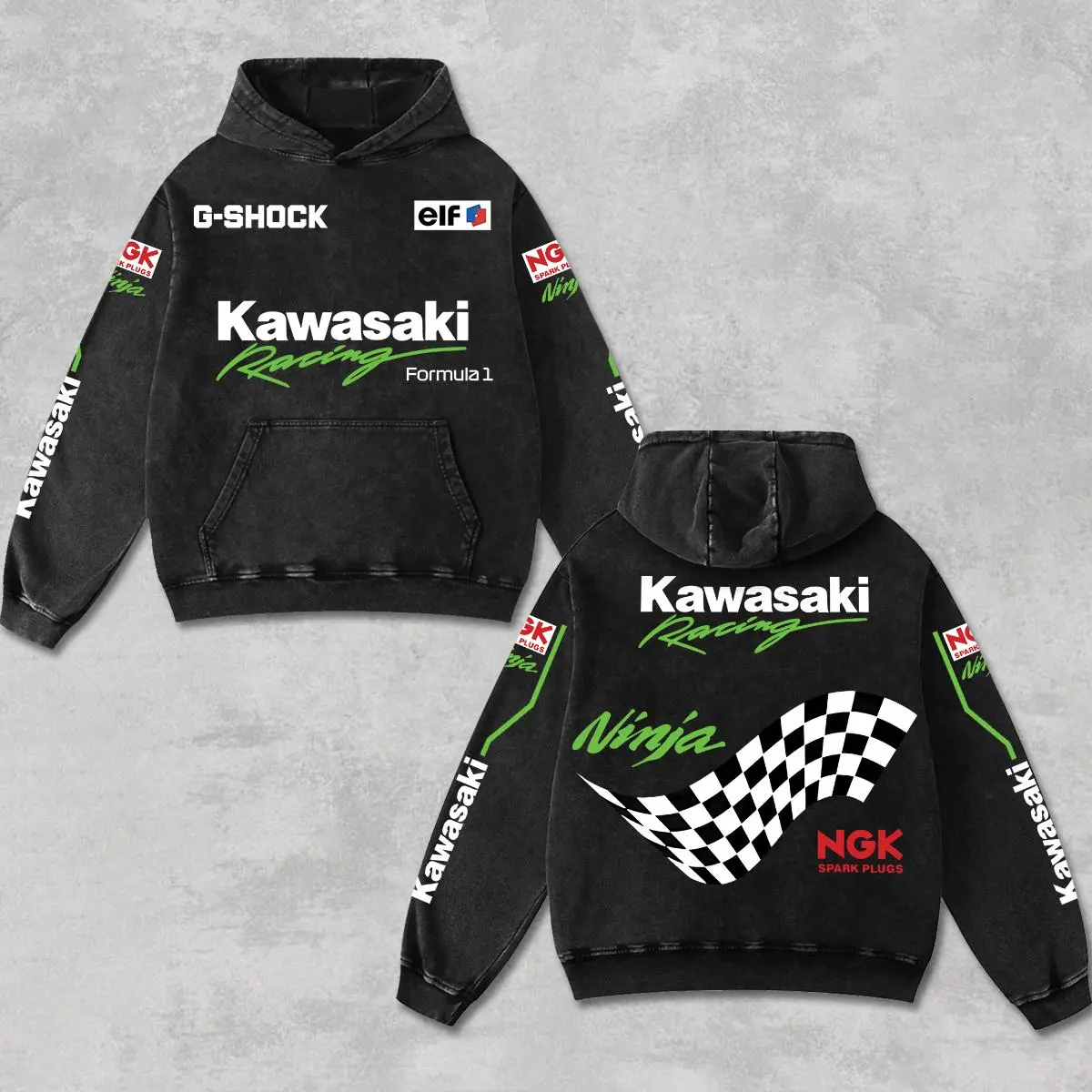 Retro Kawasaki Ninja Racing Washed Hoodie Vintage Motorcycle Graphic Hooded Sweatshirt for Biker Fans Off Road Dirt Bike Streetwear Heavyweight Unisex Pullover Grunge Y2K Moto Racing Apparel Gift for Men Women USA Style