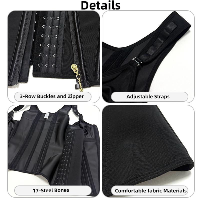 Shapewear Women Colombian Fajas Waist Trainer Tummy Control Vest Body Shaper 17 Steel Bones 3-Row Hooks Zipper Adjustable Strap