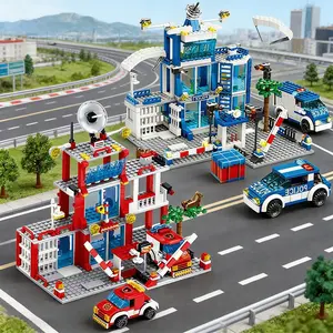 Police Station and Firehouse Building Blocks Set, and Blue Police Buildings, City Emergency Car Theme, Adult DIY Puzzle Kit