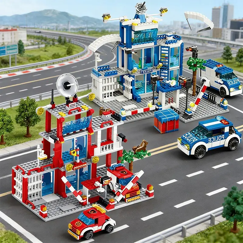 Police Station and Firehouse Building Blocks Brick Set, and Blue Police Buildings, City Emergency Car Theme, Adult DIY Puzzle Kit