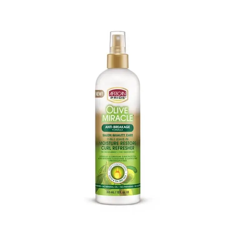 African Pride Olive Miracle Moisture Restore Curl Refresher, 7-in-1 Leave-in Treatment for Natural Hair, Detangles, Defines Curls & Fights Frizz, 12 oz, African Curls, Curly Hair Routine