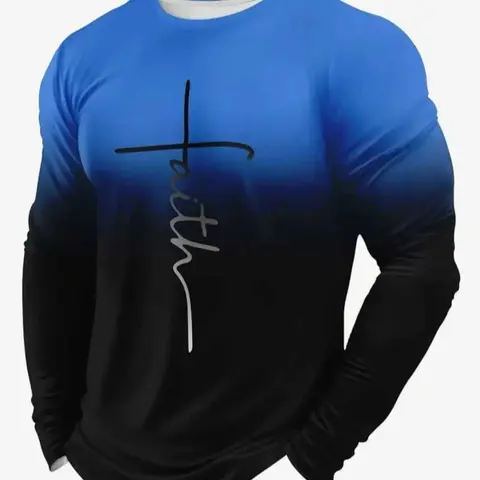 Men's Casual Fitted Long Sleeve T-Shirt, Gradient Color, Polyester Fabric, Round Neck, Letter Print Design, Streetwear, Tops