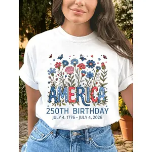 Plus Size 250th Anniversary Floral Pattern T Shirt with Butterflies and Flowers Colorful Design Featuring Blue Red and White Letters Comfortable Casual Crew Neck Top Perfect for Independence Day and National Day Celebrations