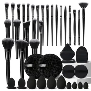 Portable Black 44-Piece Makeup Brush Kit for Application - Includes 25Pcs Makeup Brushes for Foundation, Makeup Sponges, Finger Puffs, Triangle Puffs, Circular Makeup Puffs, Cleaning Sponges, Brush Cleaner Mat - for a Stunning Look