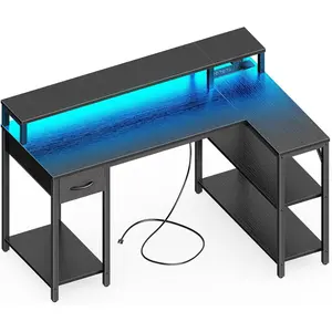 47 inch L Shaped Gaming Desk with LED Lights & Power Outlets, Reversible Computer Desk with Shelves & Monitor Stand, Corner Desk with Drawer, for Home & Office, Black