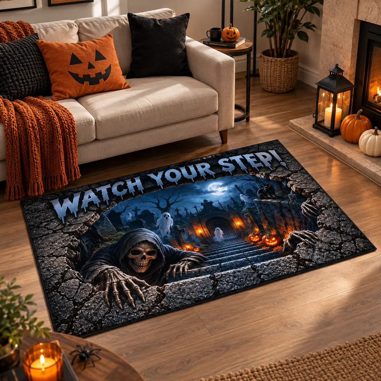 Spooky Halloween Graveyard 3D Optical Illusion Velvet Rug Large Watch Your Step Scary Skeleton Monster Mat Sharp Print Gothic Jack O Lantern Ghost Carpet