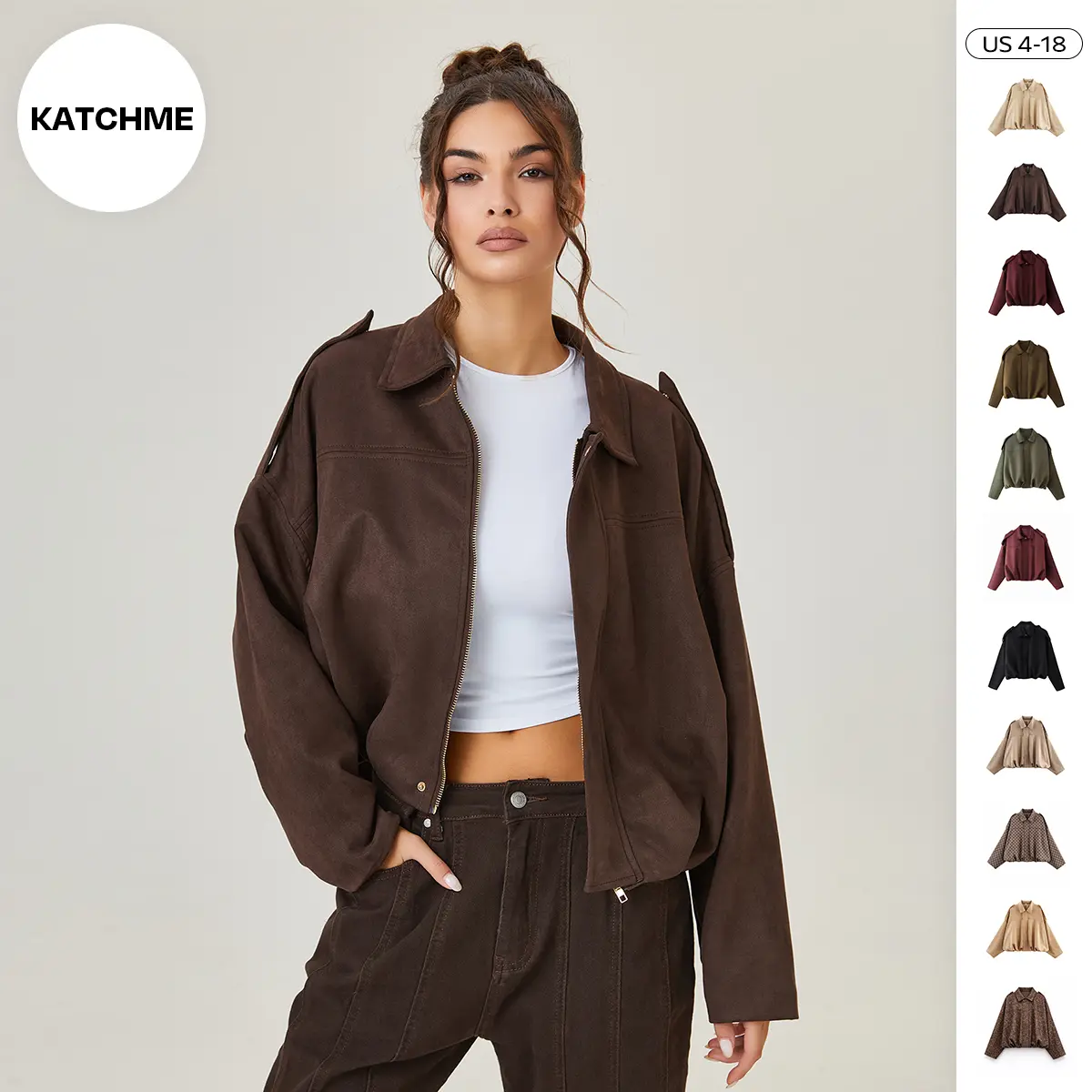 Katch Me Chic(US/CN)Women's Winter Vintage Collared Zipper Long Sleeve Jacket, Cozy Solid Color Oversized Outerwear for Lady, Versatile Loose Outfits for Daily Wear, Soft Womenswear #TikTokMadeMeBuyIt #SohoChic #ComfyOutfit