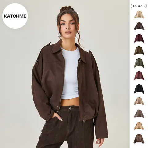 Katch Me Chic(US/CN)Women's Winter Vintage Collared Zipper Long Sleeve Jacket, Cozy Solid Color Oversized Outerwear for Lady, Versatile Loose Outfits for Daily Wear, Soft Womenswear #TikTokMadeMeBuyIt #SohoChic #ComfyOutfit