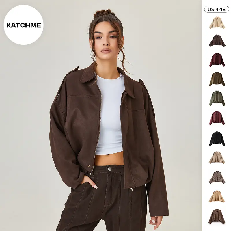 Katch Me Chic(US/CN)Women's Winter Vintage Collared Zipper Long Sleeve Jacket, Cozy Solid Color Oversized Outerwear for Lady, Versatile Loose Outfits for Daily Wear, Soft Womenswear #TikTokMadeMeBuyIt #SohoChic #ComfyOutfit
