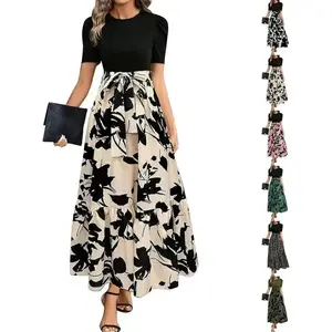 Long Floral Dresses for Women 2025 Business Casual Elegant Tie Waist Work Maxi Dress Short Sleeve Modest Flowy Dress