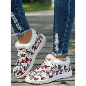Women's Winter Warm Snowman Print Casual Shoes, Fleece Lined Ankle Boots, Cute Style Lace-Up Footwear for Fall & Winter