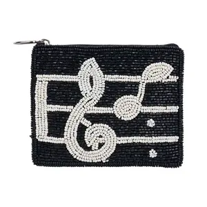 Symphony Music Notes Essential Pouch Beaded Zip Card Case Coin Purse, Beaded Embellishment, Multi-Function, Musical Theme