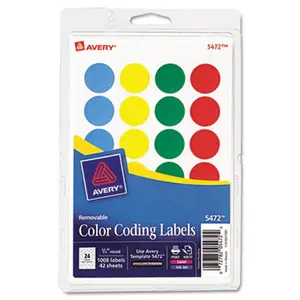 Avery 05472 Print or Write Removable Color-Coding Labels- 3/4in dia- Assorted- 1008/Pack
