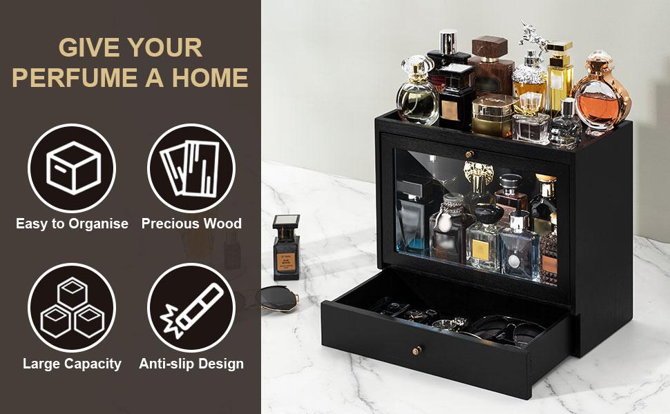 Emfogo Men's Wooden Cologne Organizer - 3-Tier Vanity Display Shelf with Dustproof Acrylic Panel, Drawer, Large Capacity for Dresser, Black - Ideal Gift for Boyfriend, Unique Mens Gift, Gifts For Boyfriend
