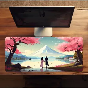 SPRING ROMANCE DESKMAT - aesthetic Japanese blossom mousepad for pc gaming & home office desk setup - pink and blue sakura rubber deskpad gift idea