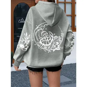 Plus Size Women's Turtle Floral Print Hoodie - Casual Drawstring Pullover with Kangaroo Pocket, Long Sleeve Knit Fabric Sweatshirt, 100% Polyester, All Season Comfort Fit