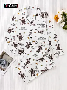 Women's Dinosaur Print Sleepwear Set, Pajama Set, Loungewear, Soft and Smooth Fabric, Long Sleeve Top and Pants, Casual Style, Spring & Fall