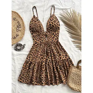 Women's Leopard Print Cami Dress with Floral Hem and Waist A, Knee-Length, V-Neck, Polyester and Spandex Blend, Machine Washable, Vacation, Fragments Layer