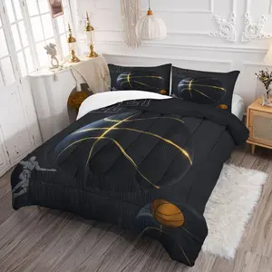 Basketball Lover Essential Sports Style Gold Basketball Pattern Comforter Quilt Set, Soft Comfortable Fabric, Boy Teen Bedroom Decor