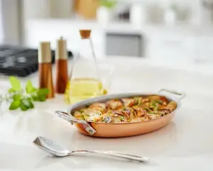 New All-Clad C2 Copper 12" Oval Au Gratin with All-Clad 9" Serving Spoon & Mitts