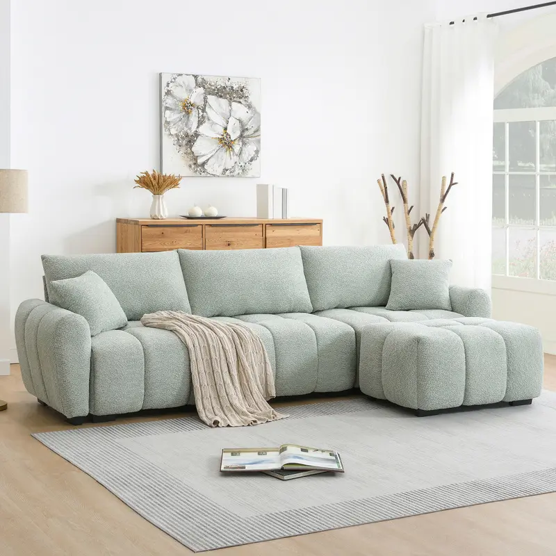 110-Inch L-Shaped Modular Sectional Sofa with Movable Ottoman, Boucle Upholstery, Pull-Line Cushions, High-Density Foam and Zigzag Springs, Metal and Wood Frame, No Assembly Required for Living Rooms, Apartments and Flexible Seating Arrangements