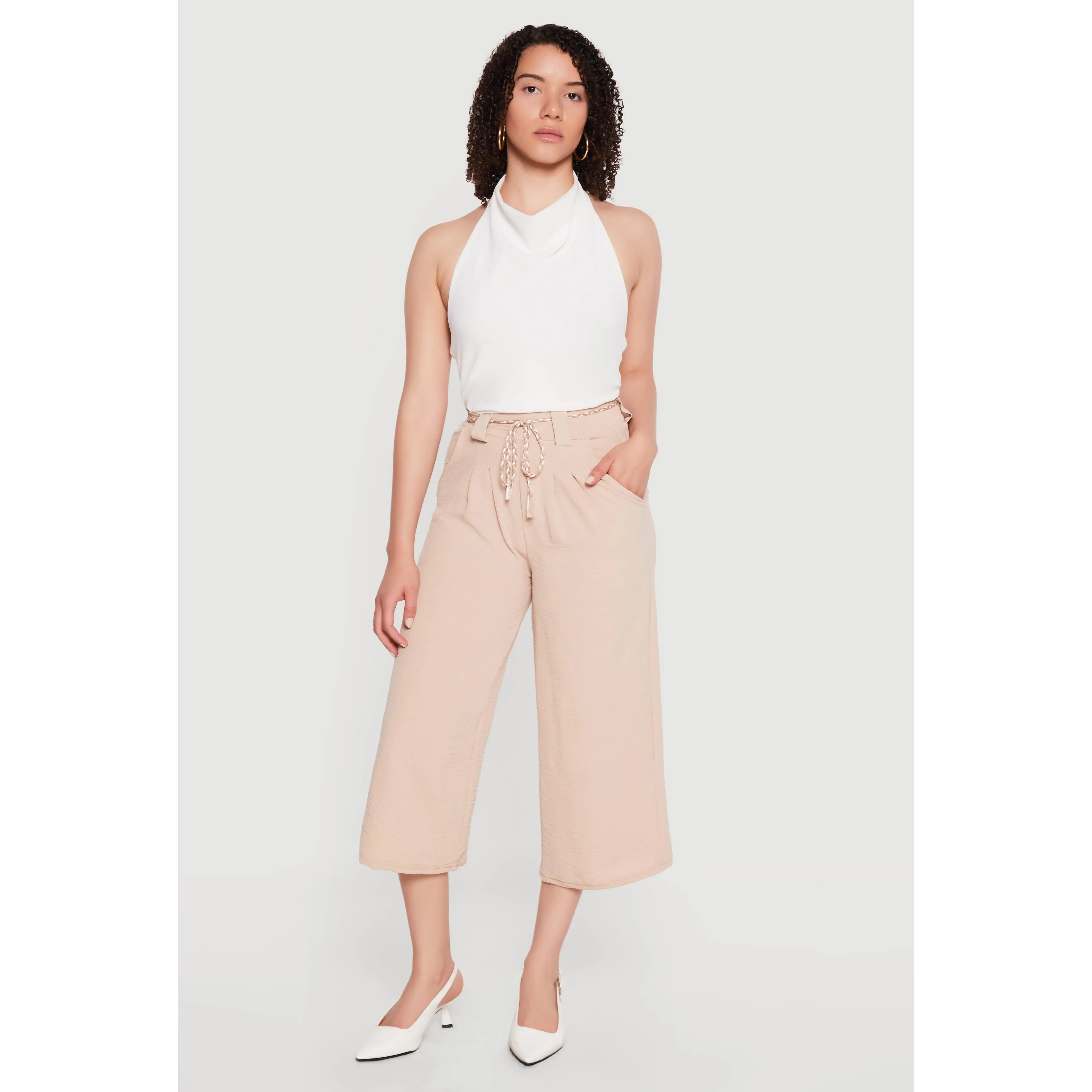 Crepe Knit Pleated High Waisted Capris Pants