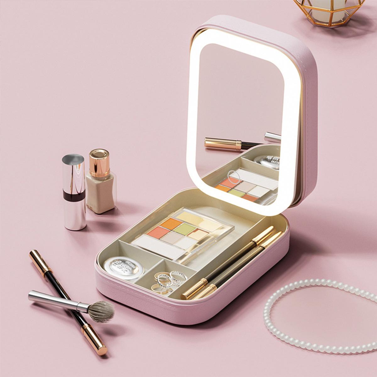 Portable Large Capacity Makeup Bag with LED Mirror, Adjustable Brightness LED Light Cosmetic Storage Containers Set, Travel Makeup Organizer