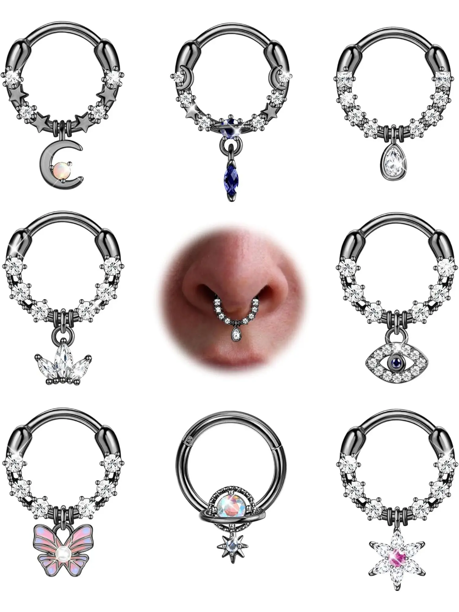 Exquisite 8 Pcs Black Cute Pendant Septum Jewelry Set 16G Copper Dangle Septum Rings for Women Men Dazzling CZ Teardrop Butterfly Daith Earrings Hoop Cartilage Helix Tragus Spetum Rhinestone Nose Rings Hoops Nose Piercing Jewelry Set