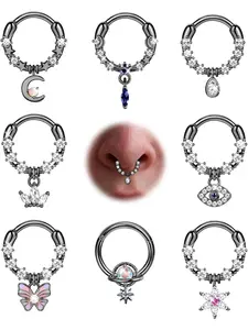 Exquisite 8 Pcs Black Cute Pendant Septum Jewelry Set 16G Copper Dangle Septum Rings for Women Men Dazzling CZ Teardrop Butterfly Daith Earrings Hoop Cartilage Helix Tragus Spetum Nose Rings Hoops Nose Piercing Jewelry Set