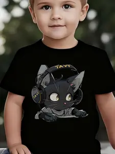 Boys' Summer Breathable & Comfortable "Esports Cat" Cartoon Print (3-12Y) Casual Sports T-Shirt