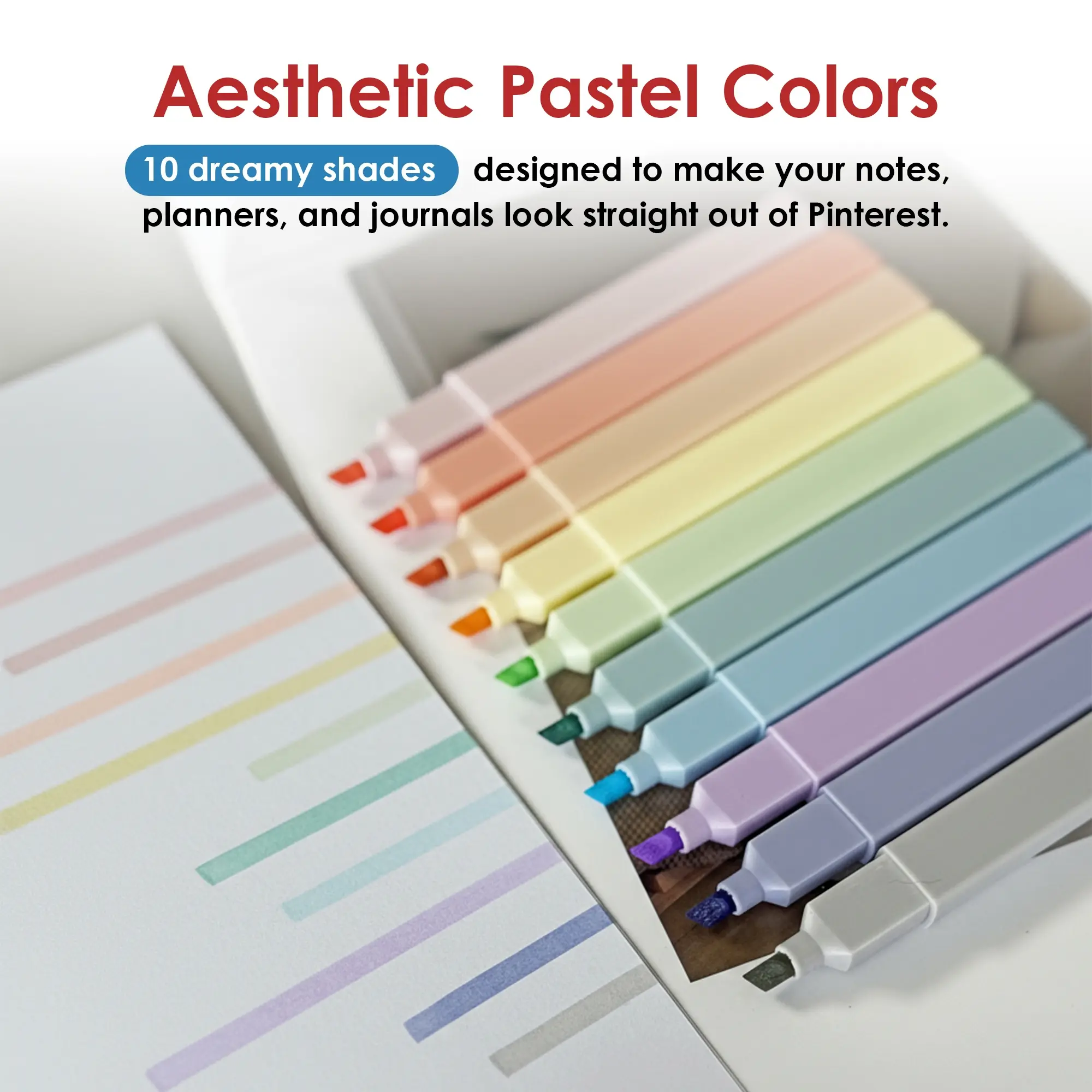 Pastel Highlighters Set - 10 Soft Color Creative Stationery Highlighter Markers, Back-to-School Ready for Study Journaling & Note-Taking