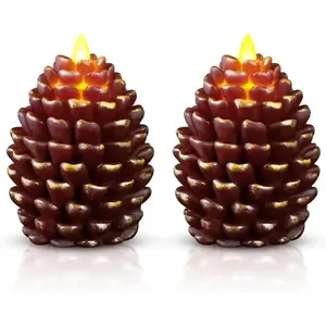 Christmas Pinecone Candles Flameless,Battery Operated Candles with Flickering Wick,Indoors Fake Candle,Christmas Candle Pine Cones Holiday Decor,Winter Thanksgiving Decorations,Set of 2