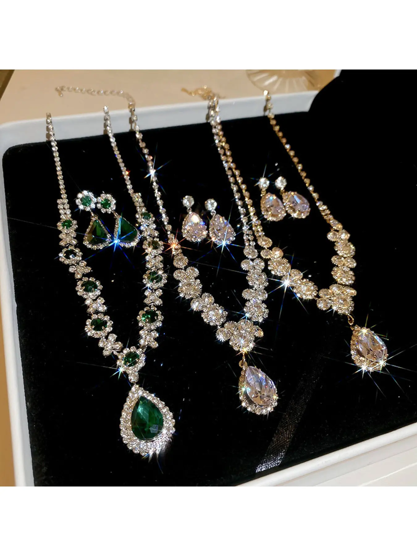 Women's Luxury Teardrop Cubic Zirconia Jewelry Set, Adjustable Statement Necklace & Drop Earrings with Emerald Green or Clear Crystal, Silver/Gold Plated Rhinestone Bridal Accessories, Hypoallergenic Jewelry for Wedding, Prom, Evening Party, Pageant, Brid