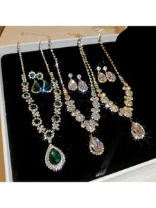 Women's Luxury Teardrop Cubic Zirconia Jewelry Set, Adjustable Statement Necklace & Drop Earrings with Emerald Green or Clear Crystal, Silver/Gold Plated Rhinestone Bridal Accessories, Hypoallergenic Jewelry for Wedding, Prom, Evening Party, Pageant, Brid