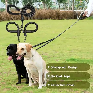 Double-headed Dog Rope 360° Rotating Anti-winding Shock Absorption Elastic Pet Training Leash No Knot Reflective Material Safe Convenient Quick Release tangle free 360 swivel for two Strong Nylon Lead essa dog accessories dog accessories Dual Dog Leash